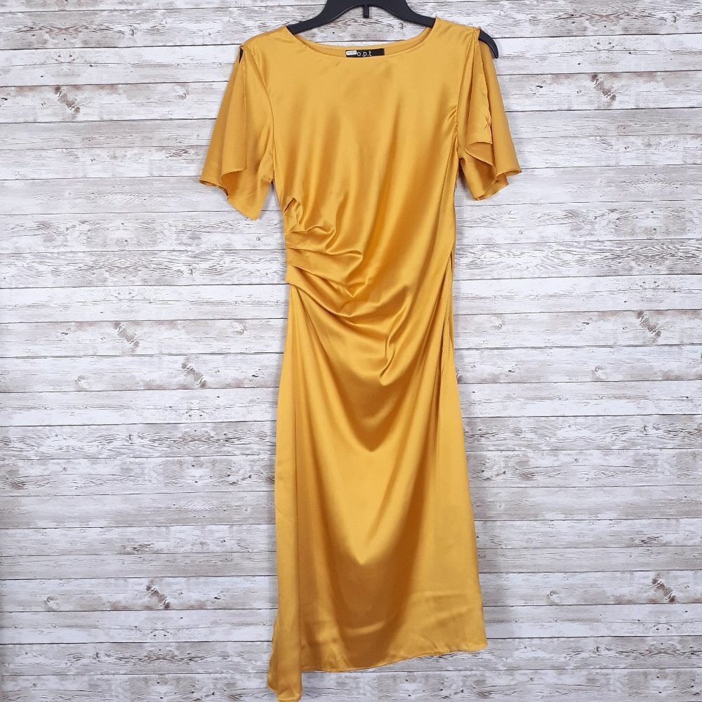 O.P.T Side Ruched Dress XS Yellow Molten Midi 510A